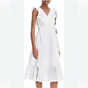 J. Crew// White MIDI length all over eyelet wrap dress size 00 Flutter sleeve